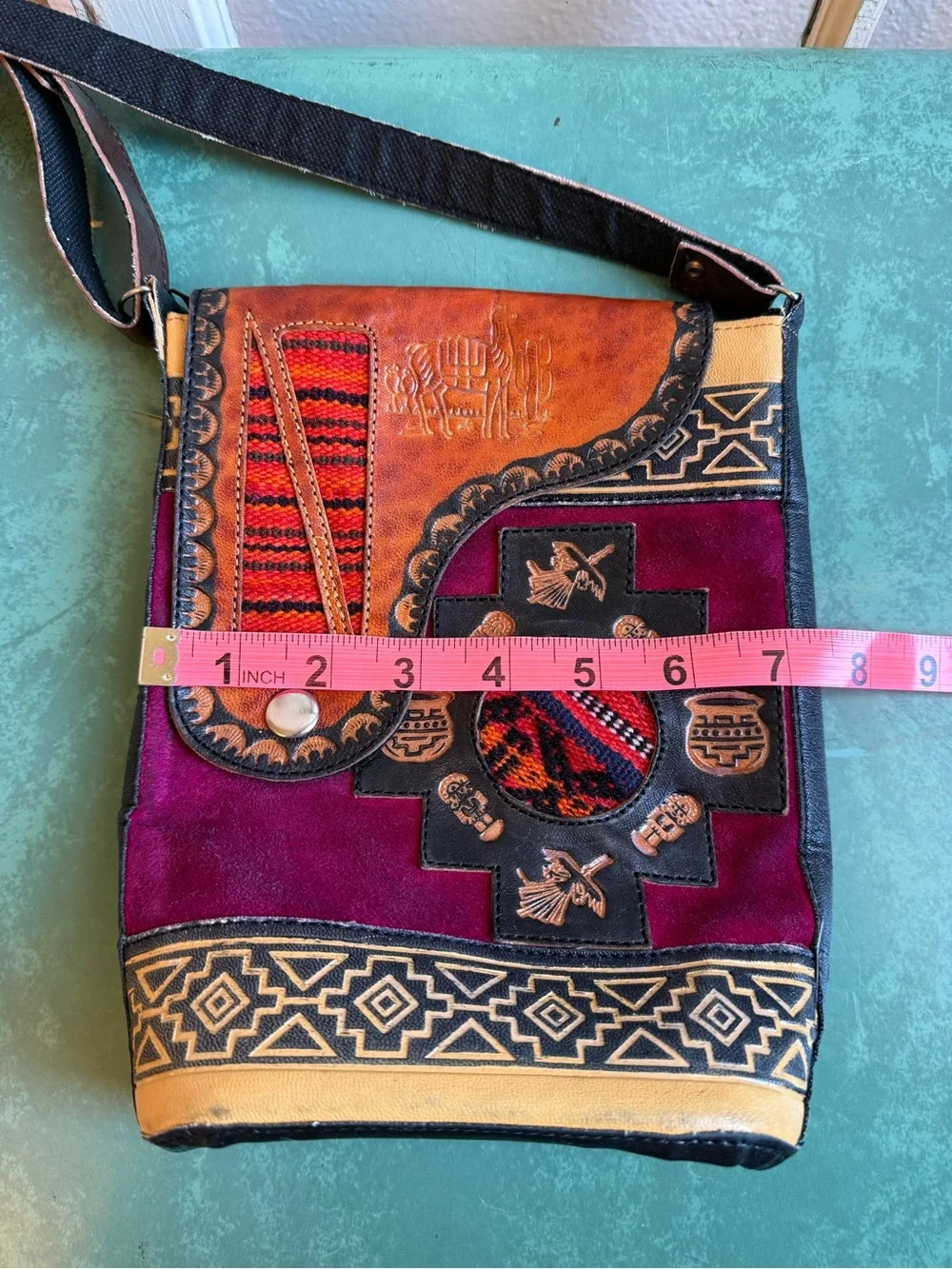 Southwestern Peruvian Leather & Suede Textile Crossbody in Burgundy & Tan